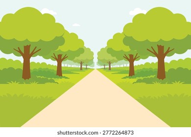 Vector illustration of a winding dirt path leading through a dense green forest with tall trees and lush bushes.