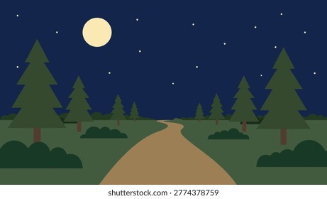 Vector illustration of a winding dirt road through a pine forest at night with a full moon and stars.