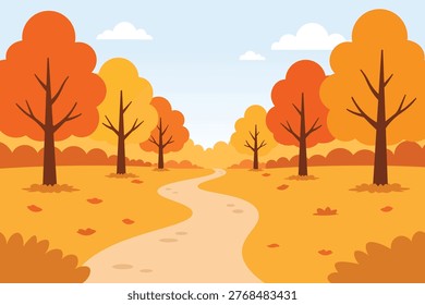 Vector illustration of a winding path through an autumn forest with orange and yellow trees under a blue sky.