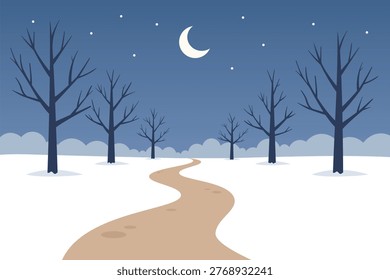 Vector illustration of a winding path through a snowy winter landscape at night with bare trees, moon, and stars.