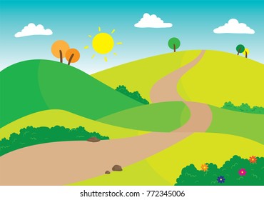 Vector illustration of winding road against a lush and green mountain background with blue skies