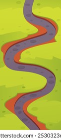 Vector illustration of a winding road among green meadows. The vertical position of the path is ideal for creating a game level map. Template for mobile applications.