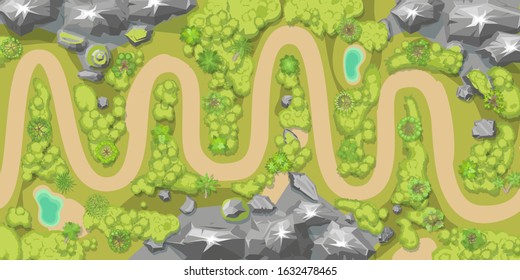 Vector illustration. Winding road in the landscape. Top view. Mountain landscape with serpentine road. Mountains, hills, trees, road. (View from above) Path for travel in the park.