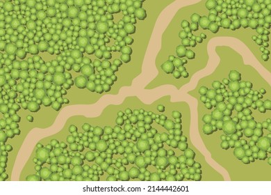 Vector illustration. Winding road in the landscape. Top view. Park, forest, trees, road. (View from above) Path for travel in the park.