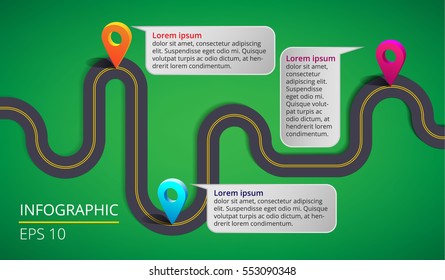 Vector illustration with winding road and location pins. Can used for web banners and info graphic.