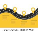 Vector illustration of a winding road map with multiple location pins, ideal for GPS navigation, route planning, travel, logistics, transportation, and mapping concepts.