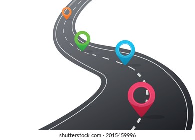 Ilustración vectorial de una carretera sinuosa con un navegador.