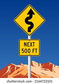 Vector illustration of the Winding Road Right sign on metallic post