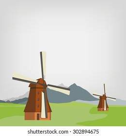 Vector illustration of windmill in background with field and mountain landscape. Old windmill