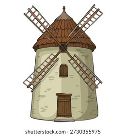 Ilustração vetorial de edifício de moinho de vento isolado no fundo branco adequado para arquitetura paisagem rural, energia renovável ou design de fazenda conceito artwork