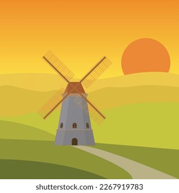 Ilustración vectorial de un molino de viento en el campo