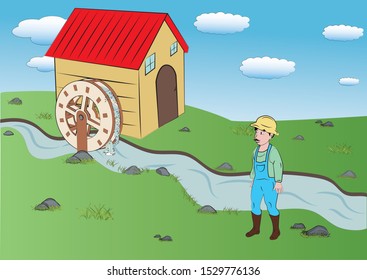 Vector Illustration of windmill and farmer man