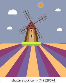 Vector illustration of a windmill in the field.Illustration for travel guide, poster or apparel design.