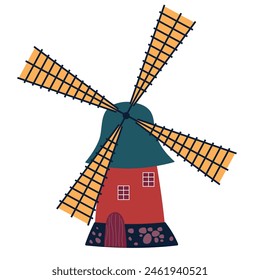 Vector illustration of windmill isolated on white background. For design posters and greetings