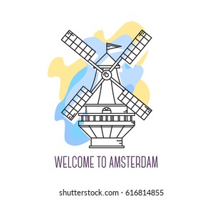 Vector illustration of Windmill the Netherlands. Amsterdam landmark. Symbol of Holland. Sight-seeing of Europe. Thin line art design on abstract color background with text for card, web, tourist site