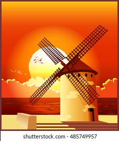 Vector illustration of a windmill on the shore at sunset.