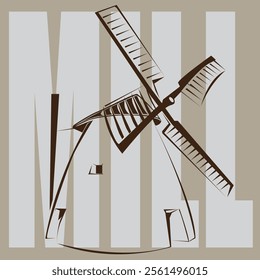 vector illustration of a windmill on a text background. For the design of stickers, logtypes, banners, postcards in eco-retro style