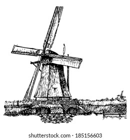 Vector  illustration of a windmill stylized as engraving. A traditional mill in Holland. Kinderdijk. 