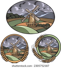 Vector illustration of a windmill, surrounded by fields and mountains, done in retro woodcut style. Organic farming and renewable energy.