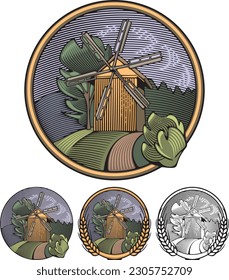 Vector illustration of a windmill surrounded by fields and mountains done in retro woodcut style