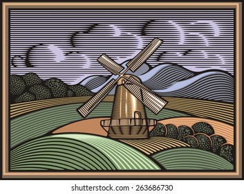 Vector illustration of a windmill, surrounded by fields and mountains, done in retro woodcut style. Organic farming and renewable energy.