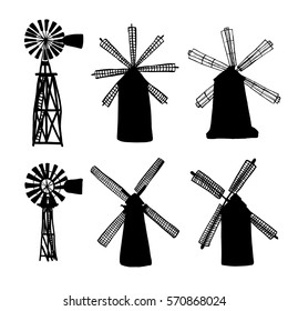 vector illustration; windmill  or windpump symbol; isolated on a white background, silhouette; contour; outline; in ink, hand drawn, sketched style;