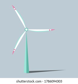 Vector illustration. Windmills with shadow. Symbol of ecological power. Wind turbines with changing angle rotation. Alternative energy resources. For design landscapes, games, infographics, etc.