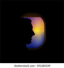 Vector illustration. Window airplane at night with silhouette of a man and a beautiful view of the sunset.