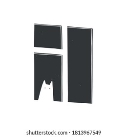 Ilustración vectorial de una ventana. Ventana negra con un gato blanco mirando hacia afuera. El concepto de "quedarse en casa".	