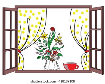 Vector illustration of a window with a curtain. Potted plant on a window sill. a cup of coffee. Vector.