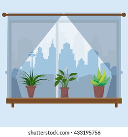 Vector illustration of a window with a curtain and a view of the city. House plants in pots on windowsill. Vector.