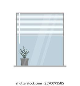 Vector illustration of a window with a flower on the sill and white blinds in a flat style.