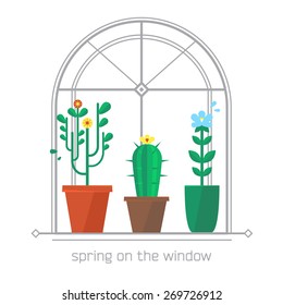 Vector illustration of a window with flowers in pots