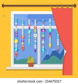 vector illustration of a window gems, crystals and diamonds on a string