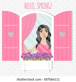 Vector illustration with window, girl and shutters in flat style.