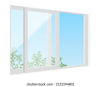 Vector illustration of window with grass and sky isolated on background.
