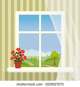 Vector Illustration Window Hilly Landscape Behind Stock Vector (Royalty ...