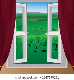 Vector illustration of window and landscape. flat design simple Landscape illustration.