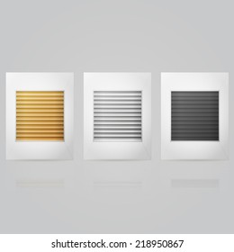 Vector illustration of window louvers in frame. Set of gold, silver and black horizontal window louvers in frame. Three isolated vector illustrations on gray.