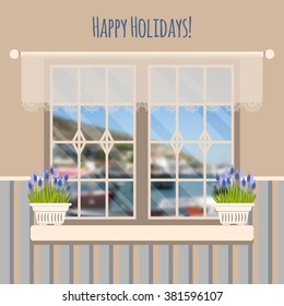 Vector illustration with window and muscari. Blurred photographic background with sea, boat and mountain