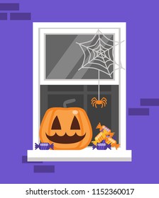 Vector  illustration of window with orange jack-o-lantern and halloween decorations.