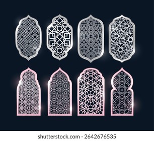 Vector illustration of window oriental frames set with silver and pink shine. Geometric elements of traditional Arabic architecture. Ramadan Kareem. Flat style. Isolated black background.