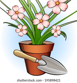 A vector illustration of window plant and garden shovel