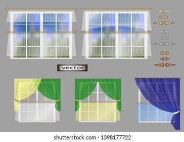 Vector illustration of a window set of Windows and curtains with cornices and platbands