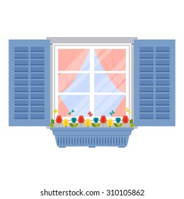Vector illustration of window with shutters and flowerpot in flat style isolated on white background. 