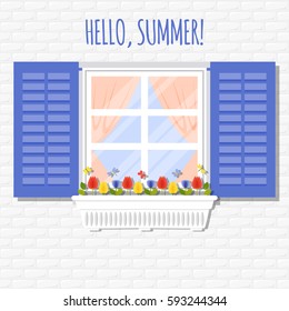 Vector illustration of window with shutters and flowerpot in flat style isolated on white background.