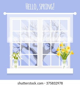 Vector illustration with window, snowdrops, narcissus and tree in flat style. Text hello spring