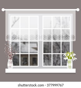 Vector illustration with window, snowdrops, pussy willow. Blurred photographic background