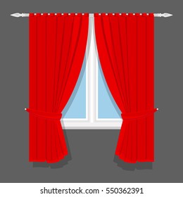 Vector illustration window treatments red curtains for house or home interior.