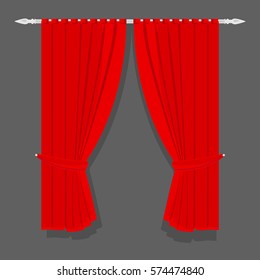 Vector illustration window treatments red curtains for house or home interior. Luxury scarlet red silk velvet curtains 